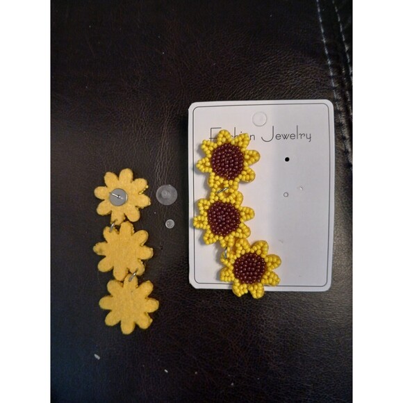 3 Three Yellow Seed Beaded Sunflower Dangle 3.1" L Earrings FREE SHIP - 2 Items - Picture 5 of 5